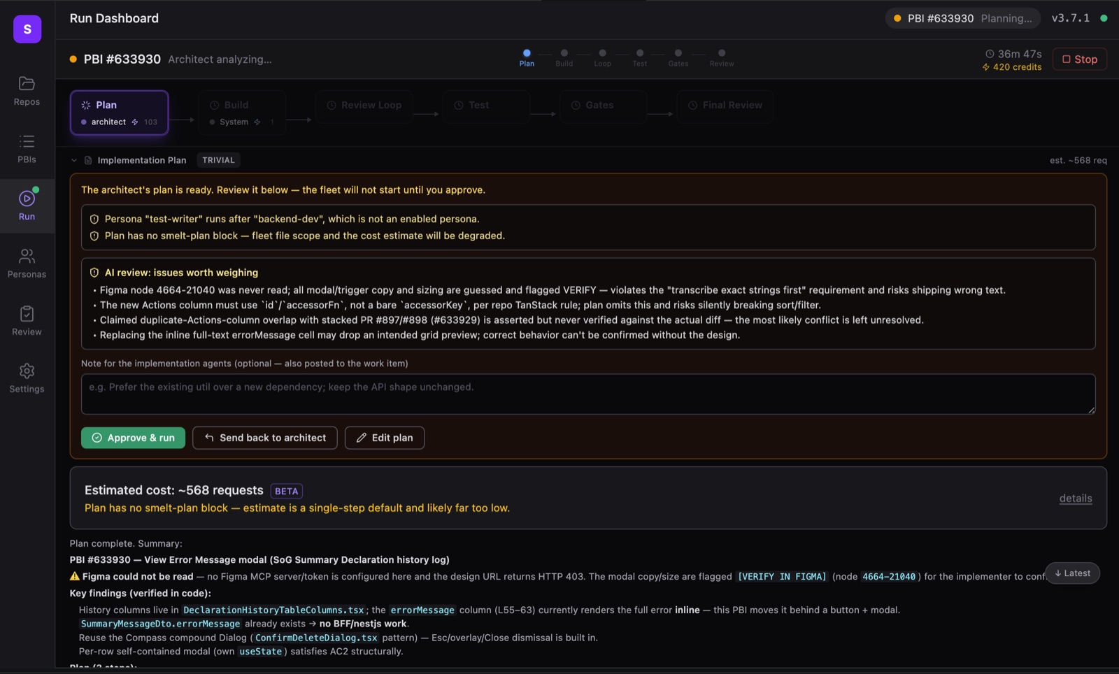 The run dashboard: the architect's plan waiting for operator review